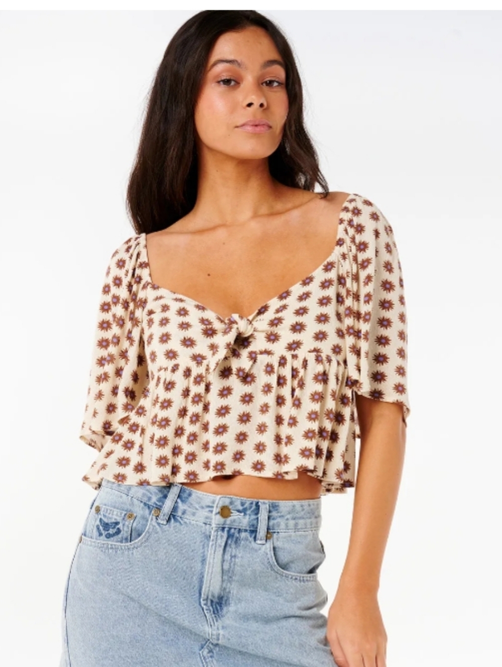 Rip Curl  Cala Nights Cream Floral Tie-Front Crop Top